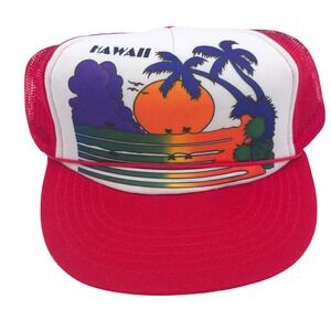 Vintage Hawaii Sunset Graphic Dorfman Pacific Red Trucker Hat Mens L/XL